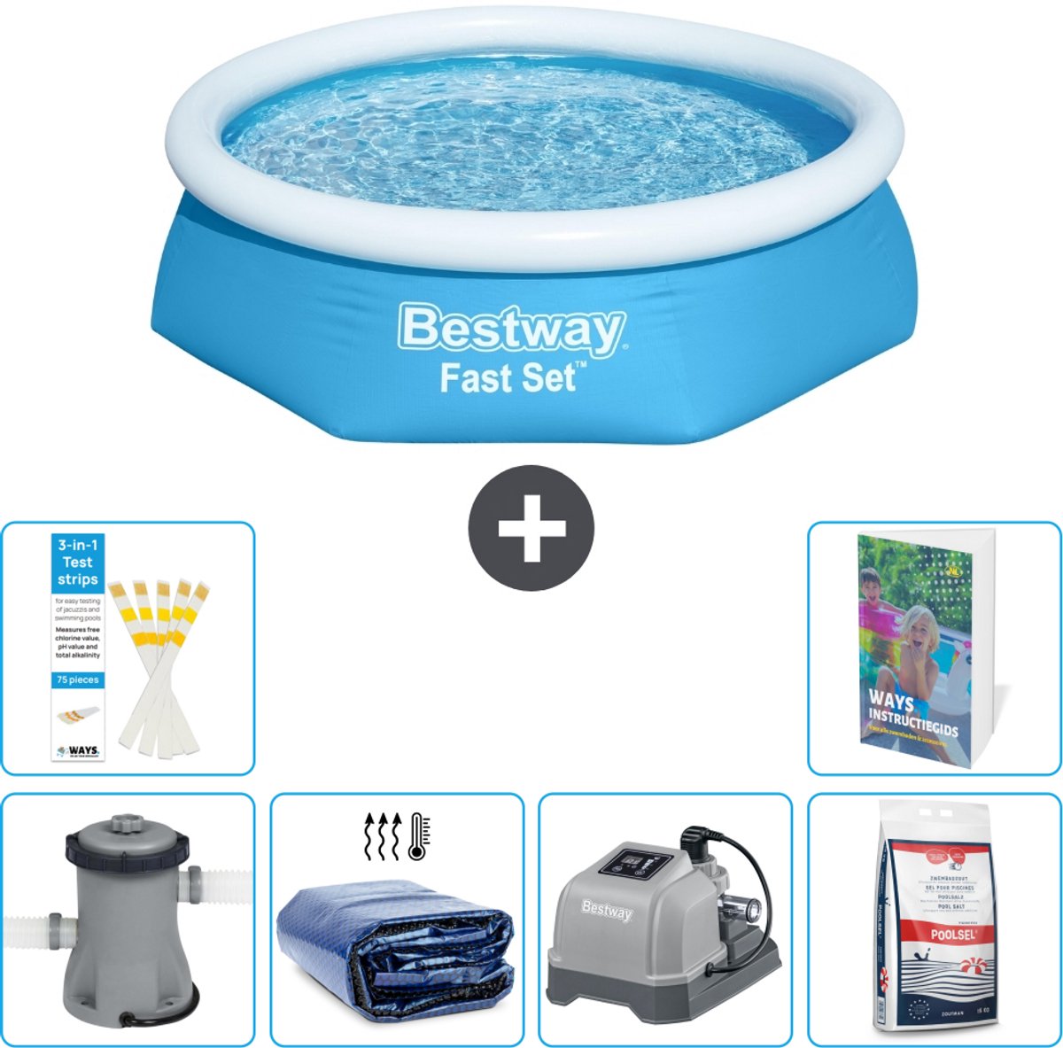 Bestway Rond Opblaasbaar Fast Set Zwembad - 244 x 61 cm - Blauw - Inclusief Pomp - Solarzeil - Zoutwatersysteem - Zwembadzout - 7-delig