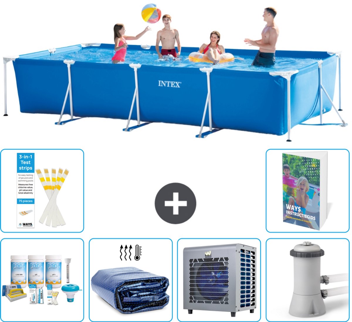Intex Rechthoekig Frame Zwembad - 450 x 220 x 84 cm - Blauw - Inclusief Onderhoudspakket - Solarzeil - Warmtepomp - Zwembadfilterpomp - 7-delig