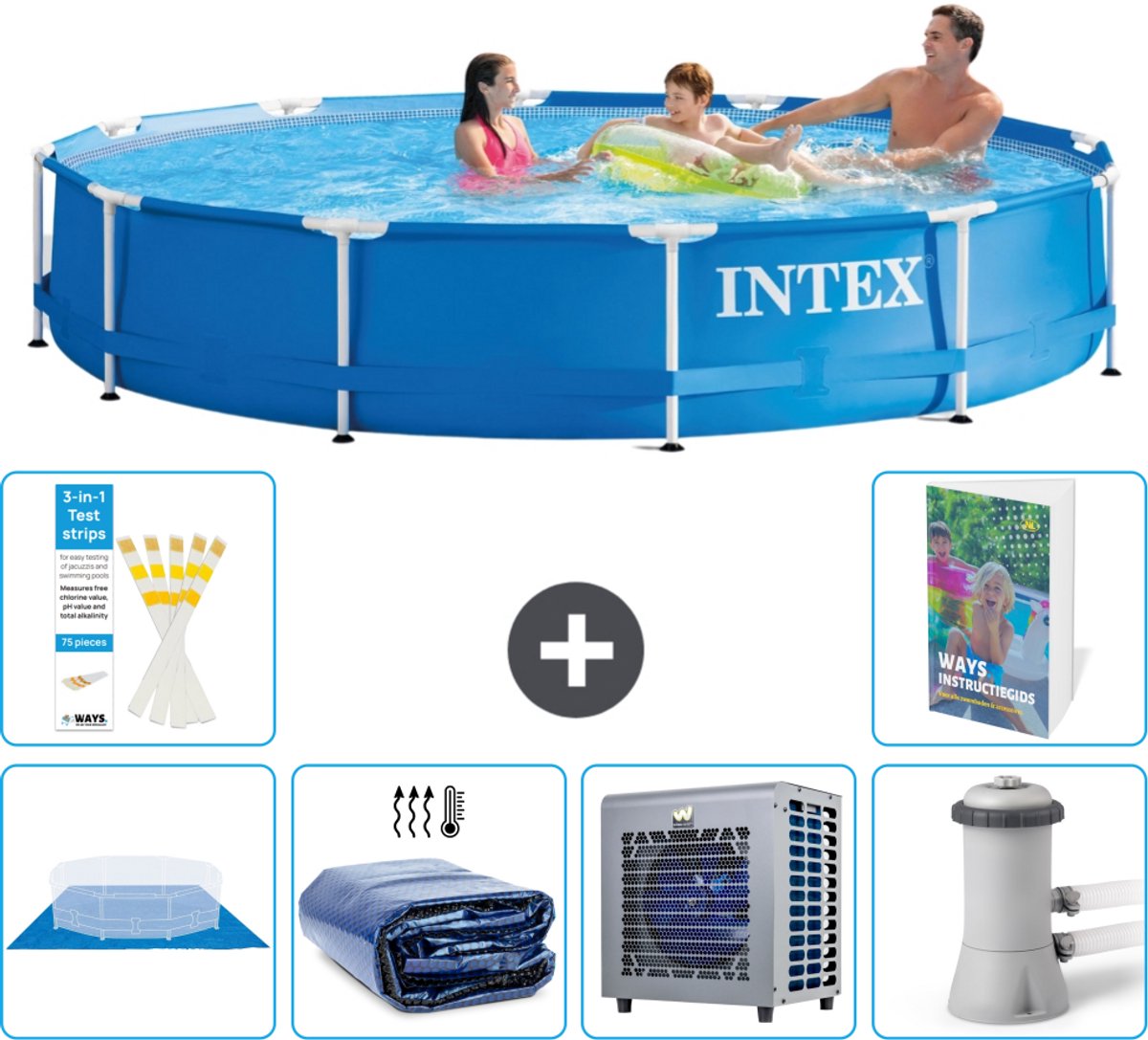 Intex Rond Frame Zwembad - 366 x 76 cm - Blauw - Inclusief Grondzeil - Solarzeil - Warmtepomp - Zwembadfilterpomp - 7-delig