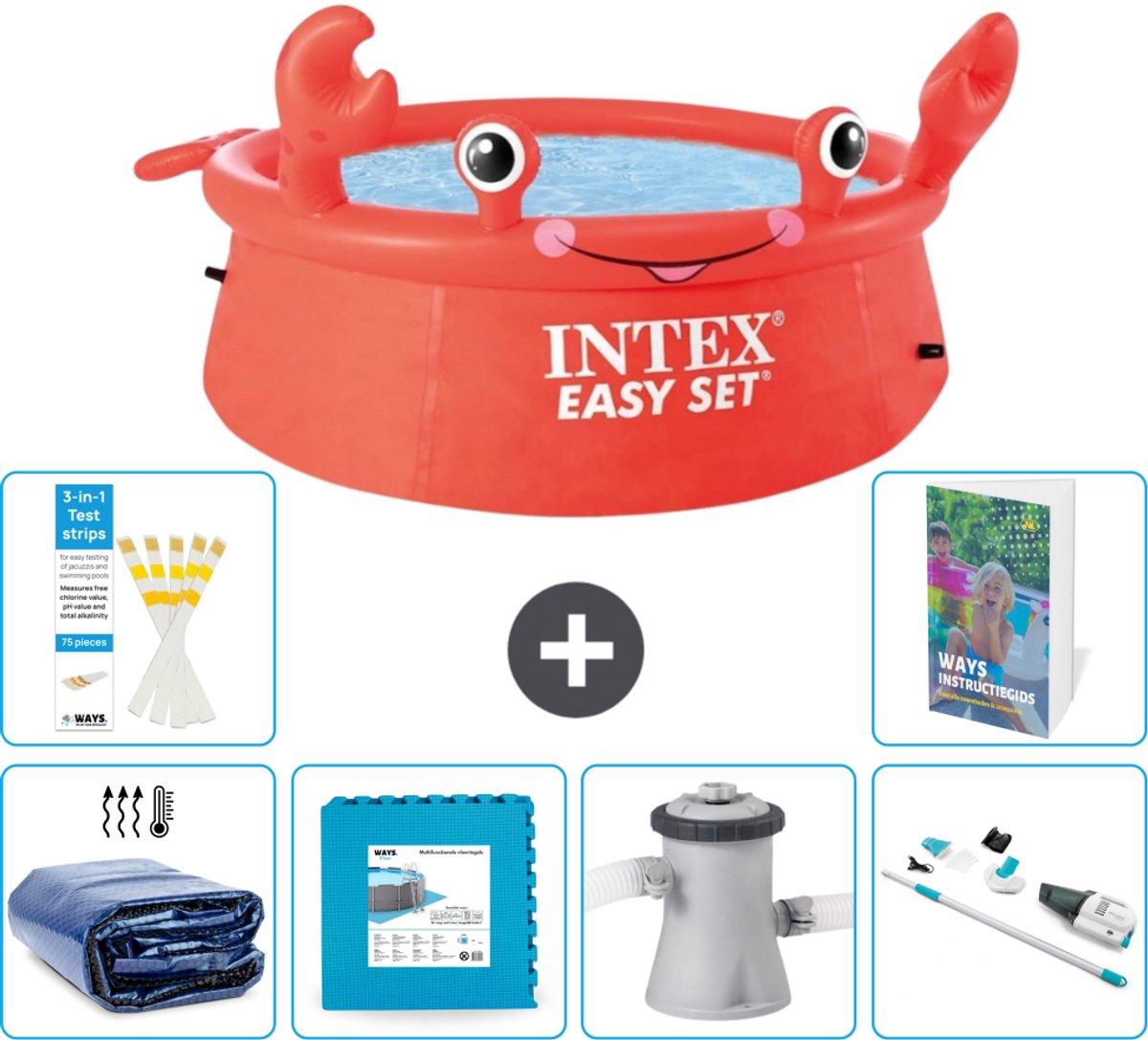 Intex Rond Opblaasbaar Easy Set Zwembad - 183 x 51 cm - Rood - Krab - Inclusief Solarzeil - Vloertegels - Zwembadfilterpomp - Stofzuiger - 7-delig