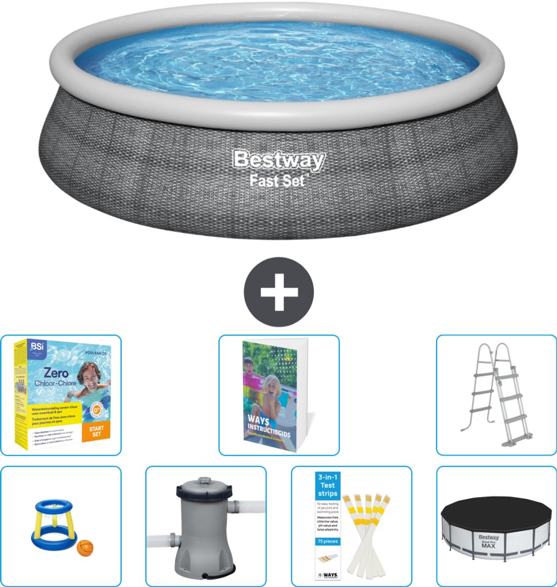 Bestway Rond Opblaasbaar Fast Set Zwembad - Rotanprint - 457 x 107 cm - Inclusief Pomp - Ladder - Afdekzeil - Onderhoudspakket - Speelgoed - 8-delig