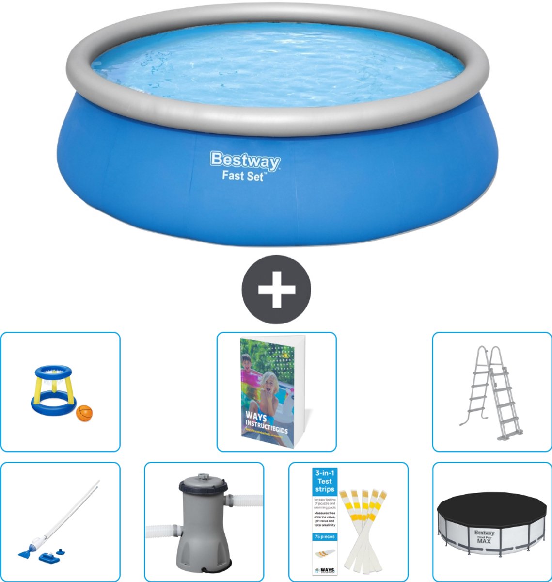 Bestway Rond Opblaasbaar Fast Set Zwembad - 457 x 122 cm - Blauw - Inclusief Pomp - Ladder - Afdekzeil - Speelgoed - Stofzuiger - 8-delig