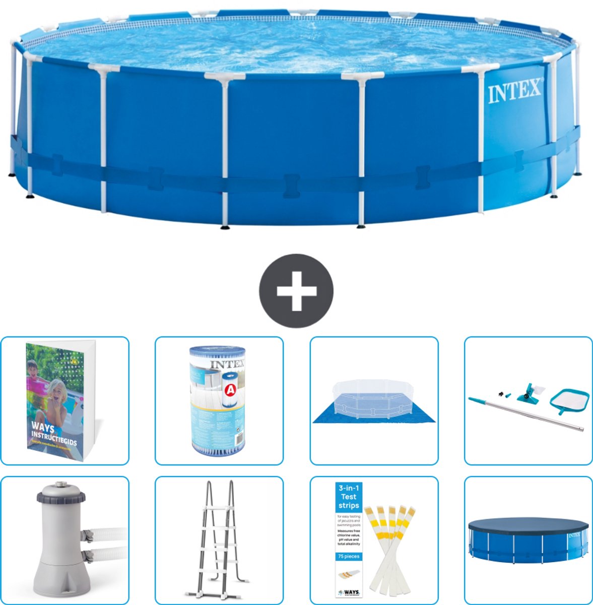 Intex Rond Frame Zwembad - 457 x 122 cm - Blauw - Inclusief Pomp - Ladder - Grondzeil - Afdekzeil - Filter - Schoonmaakset - 9-delig