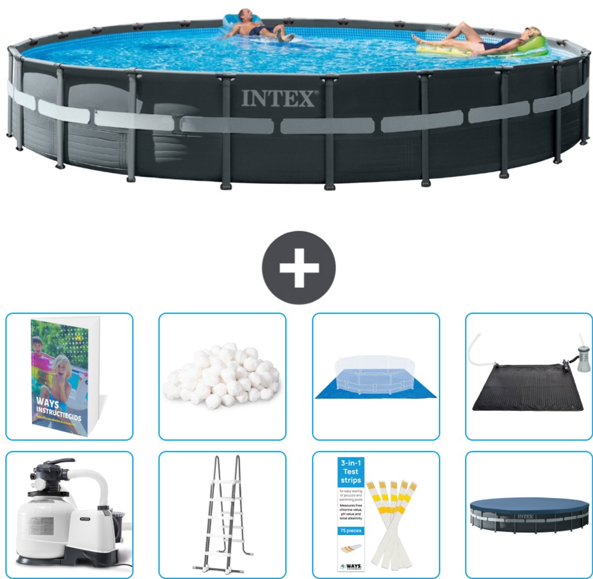 Intex Rond Ultra XTR Frame Zwembad - 732 x 132 cm - Inclusief Pomp - Ladder - Grondzeil - Afdekzeil - Filterbollen - Solar Mat - 9-delig
