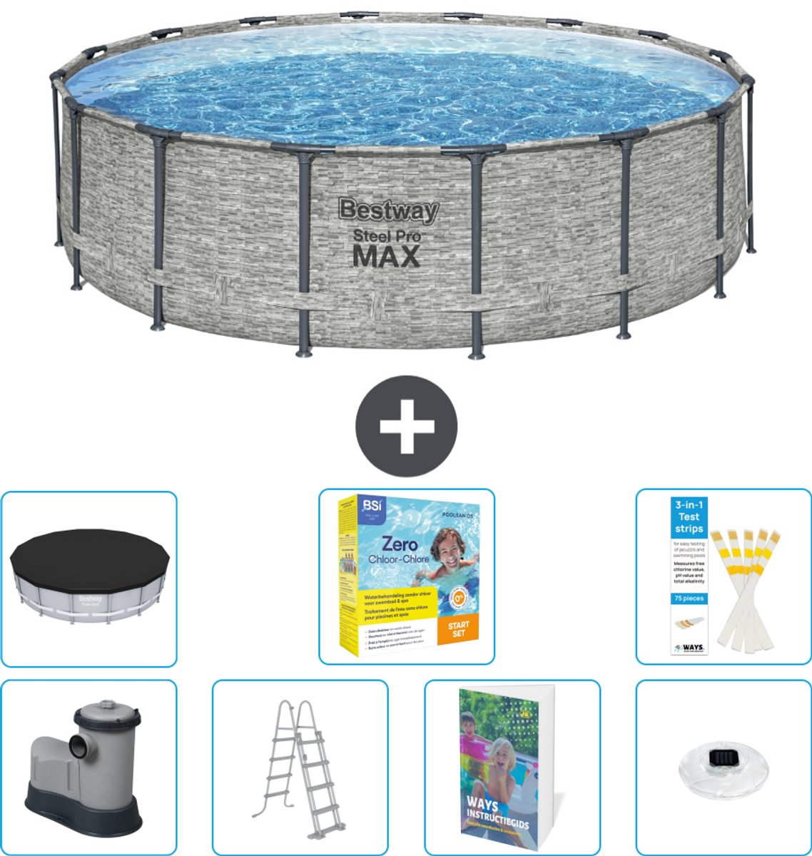 Bestway Rond Steel Pro MAX Zwembad - Steenprint - 488 x 122 cm - Inclusief Pomp - Ladder - Afdekzeil - Onderhoudspakket - Verlichting - 8-delig
