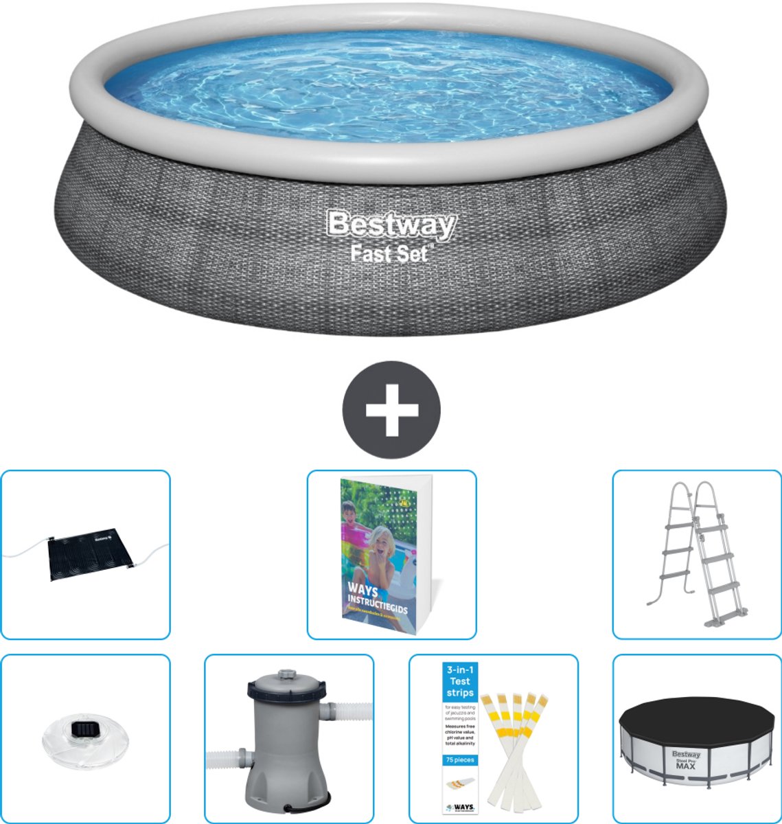 Bestway Rond Opblaasbaar Fast Set Zwembad - Rotanprint - 457 x 107 cm - Inclusief Pomp - Ladder - Afdekzeil - Solar Mat - Verlichting - 8-delig