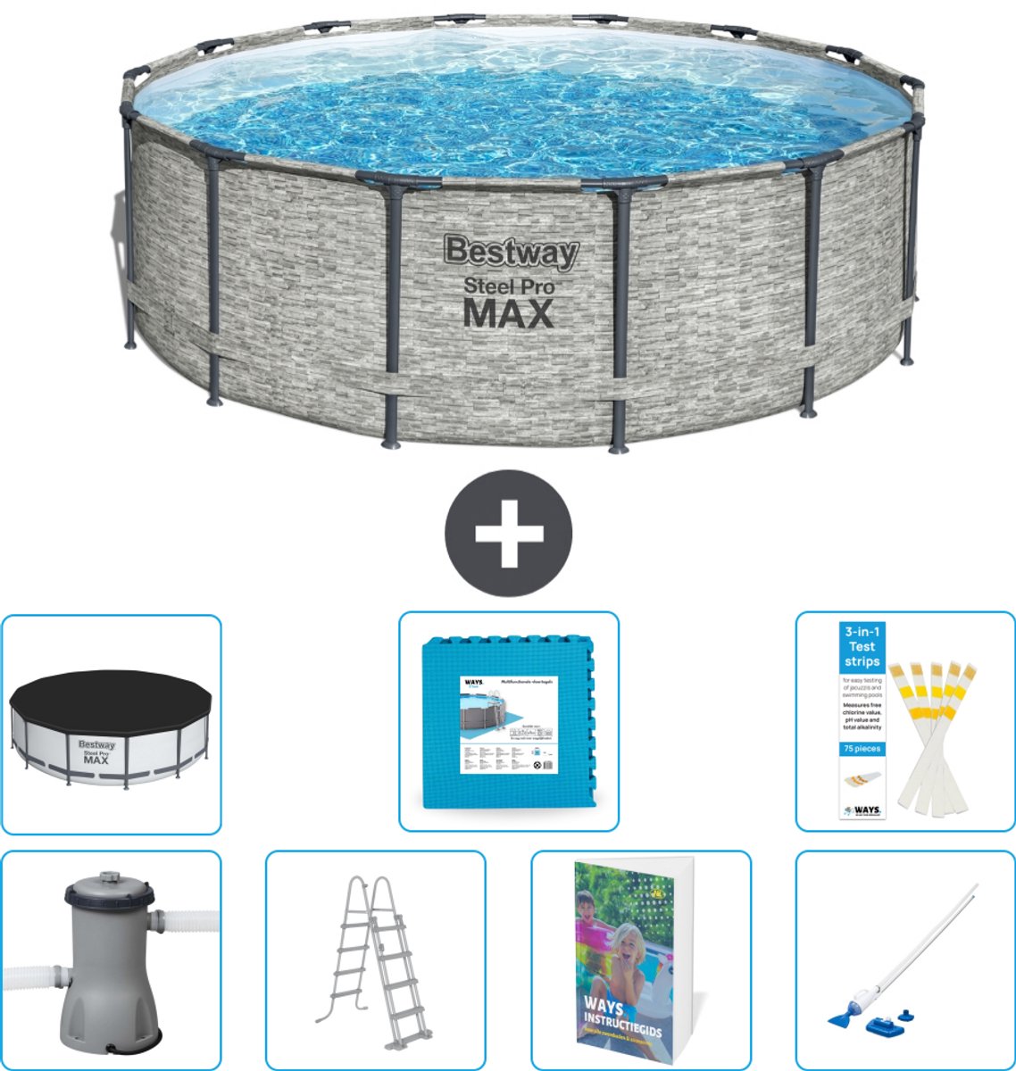 Bestway Rond Steel Pro MAX Zwembad - Steenprint - 427 x 122 cm - Inclusief Pomp - Ladder - Afdekzeil - Vloertegels - Stofzuiger - 8-delig