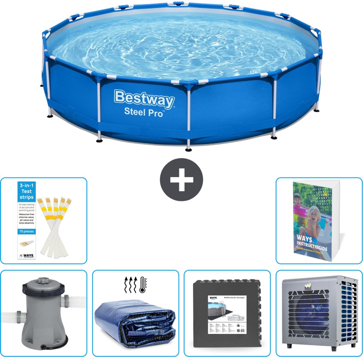 Bestway Rond Steel Pro Zwembad - 366 x 76 cm - Blauw - Inclusief Pomp - Solarzeil - Vloertegels - Warmtepomp - 7-delig