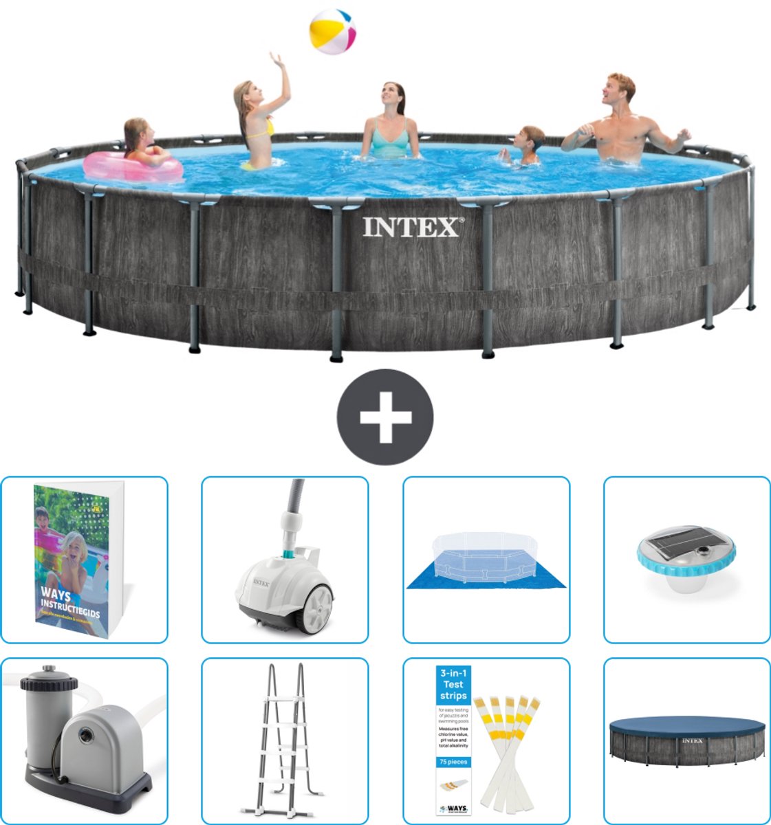 Intex Rond Prism Frame Greywood Zwembad - 549 x 122 cm - Inclusief Pomp - Ladder - Grondzeil - Afdekzeil - Stofzuiger - Verlichting - 9-delig