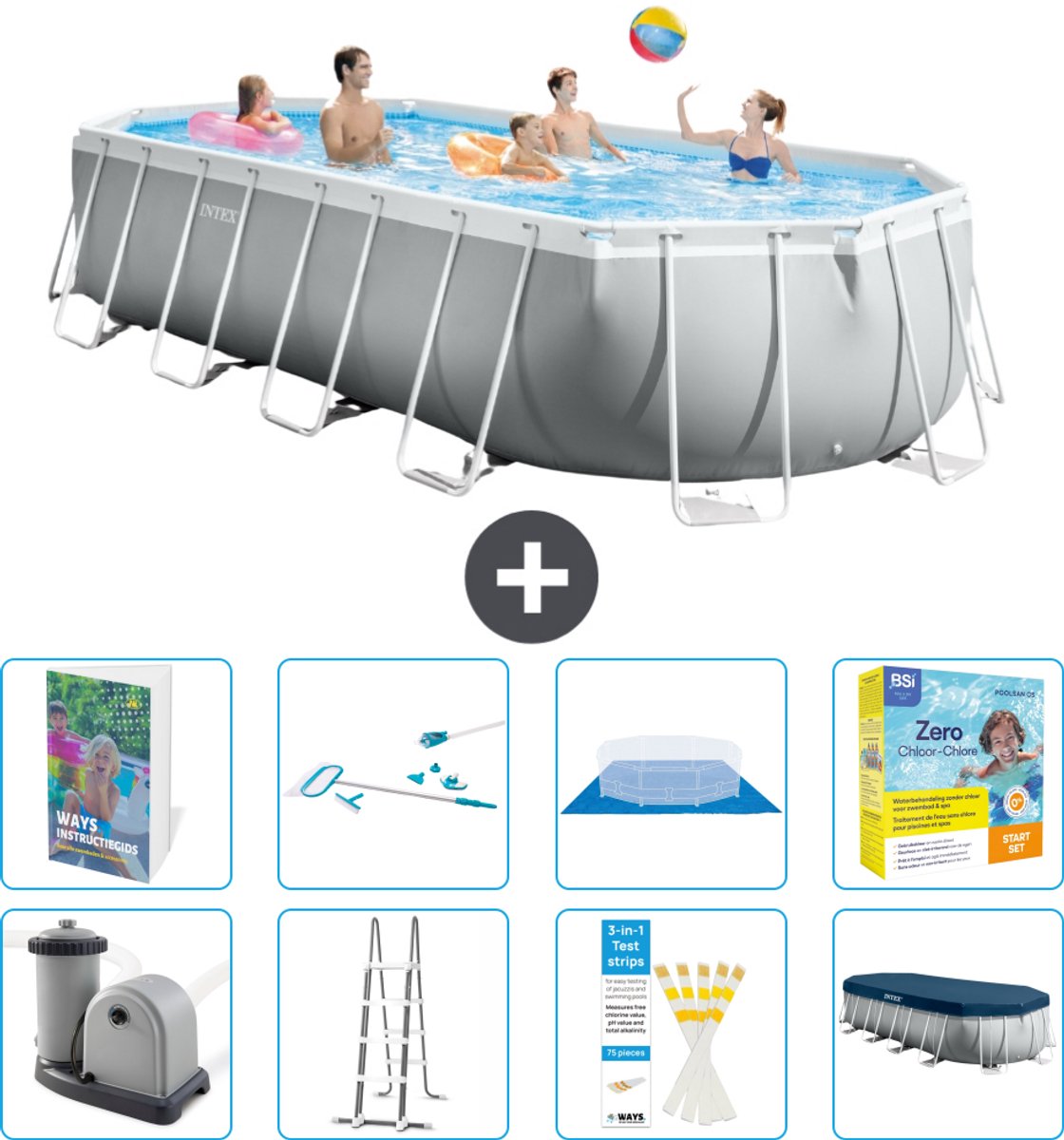 Intex Ovaal Prism Frame Zwembad - 610 x 305 x 122 cm - Grijs - Inclusief Pomp - Ladder - Grondzeil - Afdekzeil - Schoonmaakset - Onderhoudspakket - 9-delig