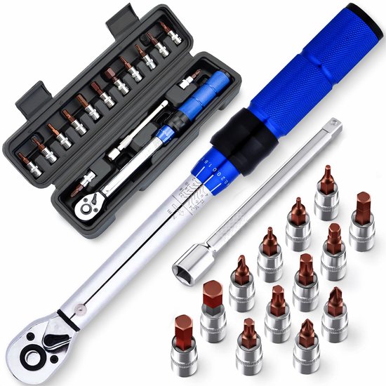Complete momentsleutelset van 15 delig, met blauwe en zilverkleurige momentsleutel, een opbergkoffer en diverse bitjes.