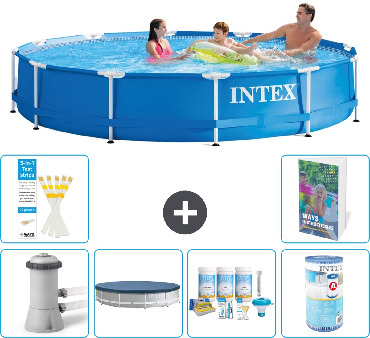 Intex Rond Frame Zwembad - 366 x 76 cm - Blauw - Inclusief Pomp - Afdekzeil - Onderhoudspakket - Filter - 7-delig