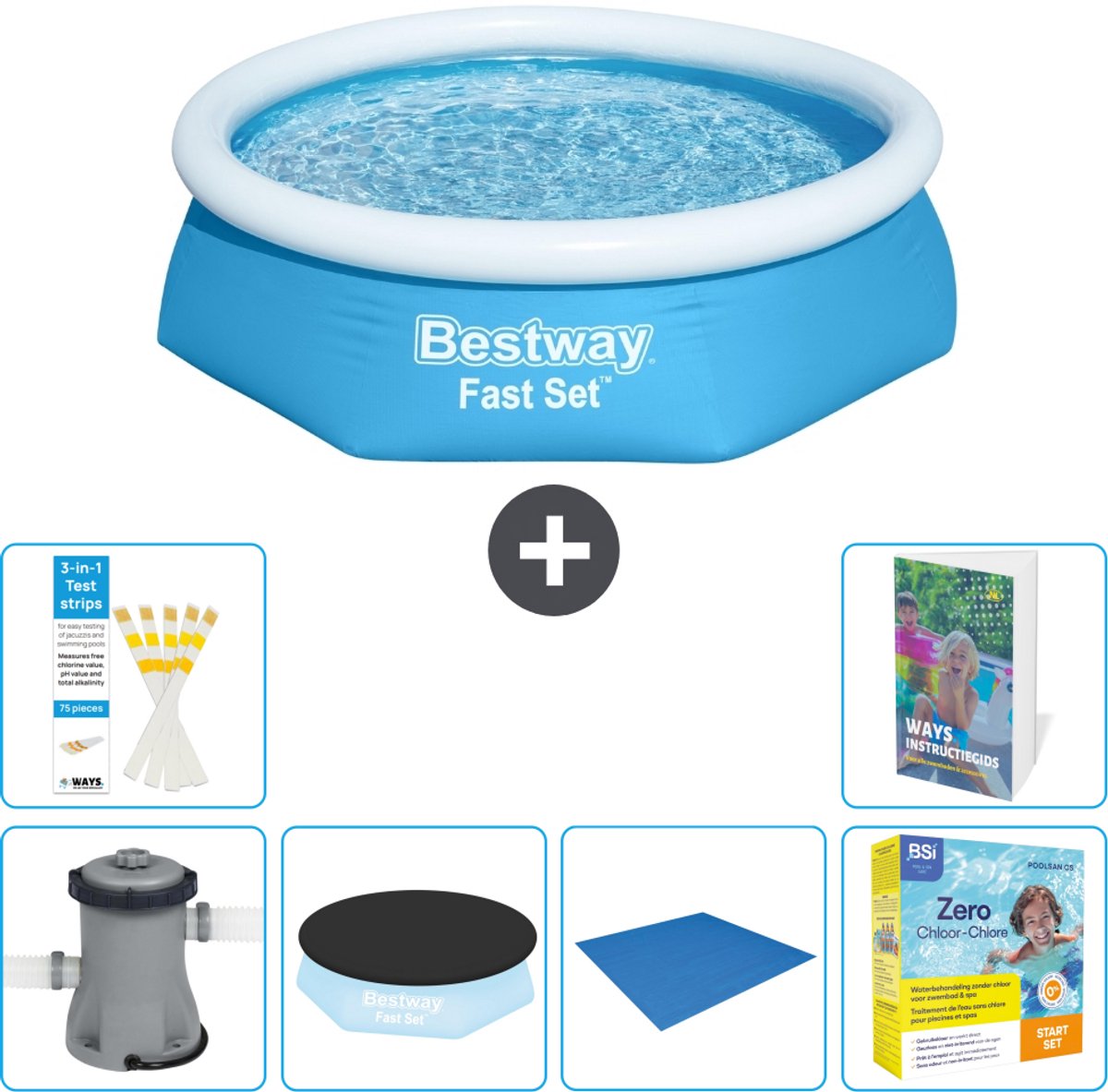 Bestway Rond Opblaasbaar Fast Set Zwembad - 244 x 61 cm - Blauw - Inclusief Pomp - Afdekzeil - Grondzeil - Onderhoudspakket - 7-delig