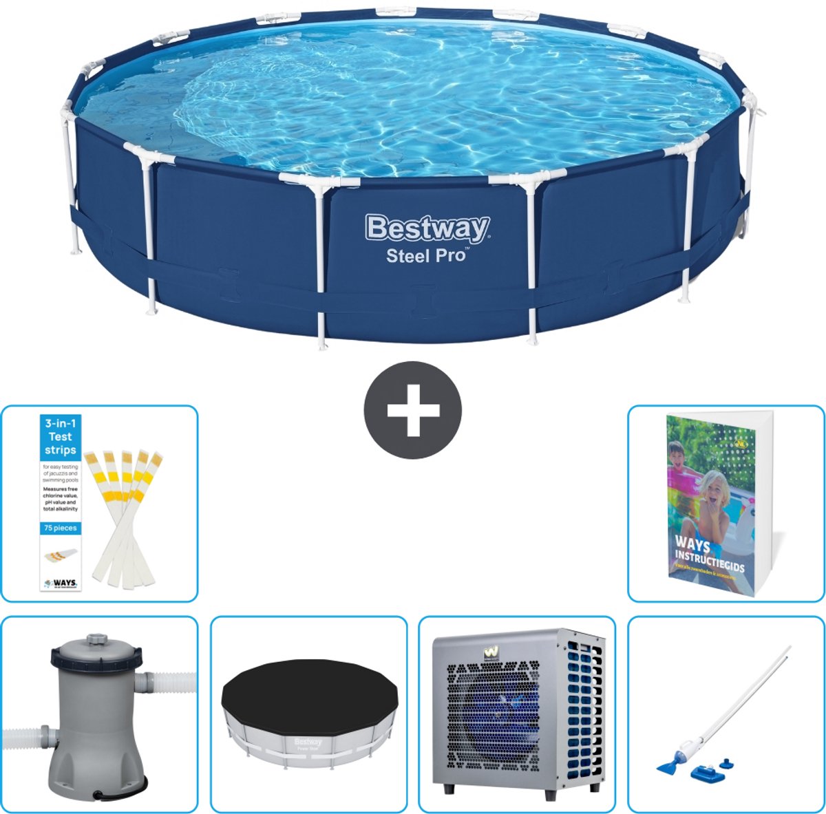 Bestway Rond Steel Pro Zwembad - 396 x 84 cm - Blauw - Inclusief Pomp - Afdekzeil - Warmtepomp - Stofzuiger - 7-delig