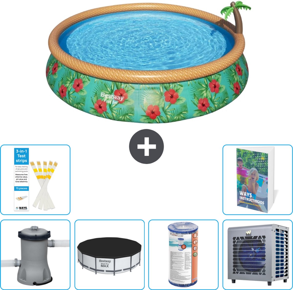 Bestway Rond Opblaasbaar Fast Set Zwembad - Paradijsprint - 457 x 84 cm - Inclusief Pomp - Afdekzeil - Filter - Warmtepomp - 7-delig