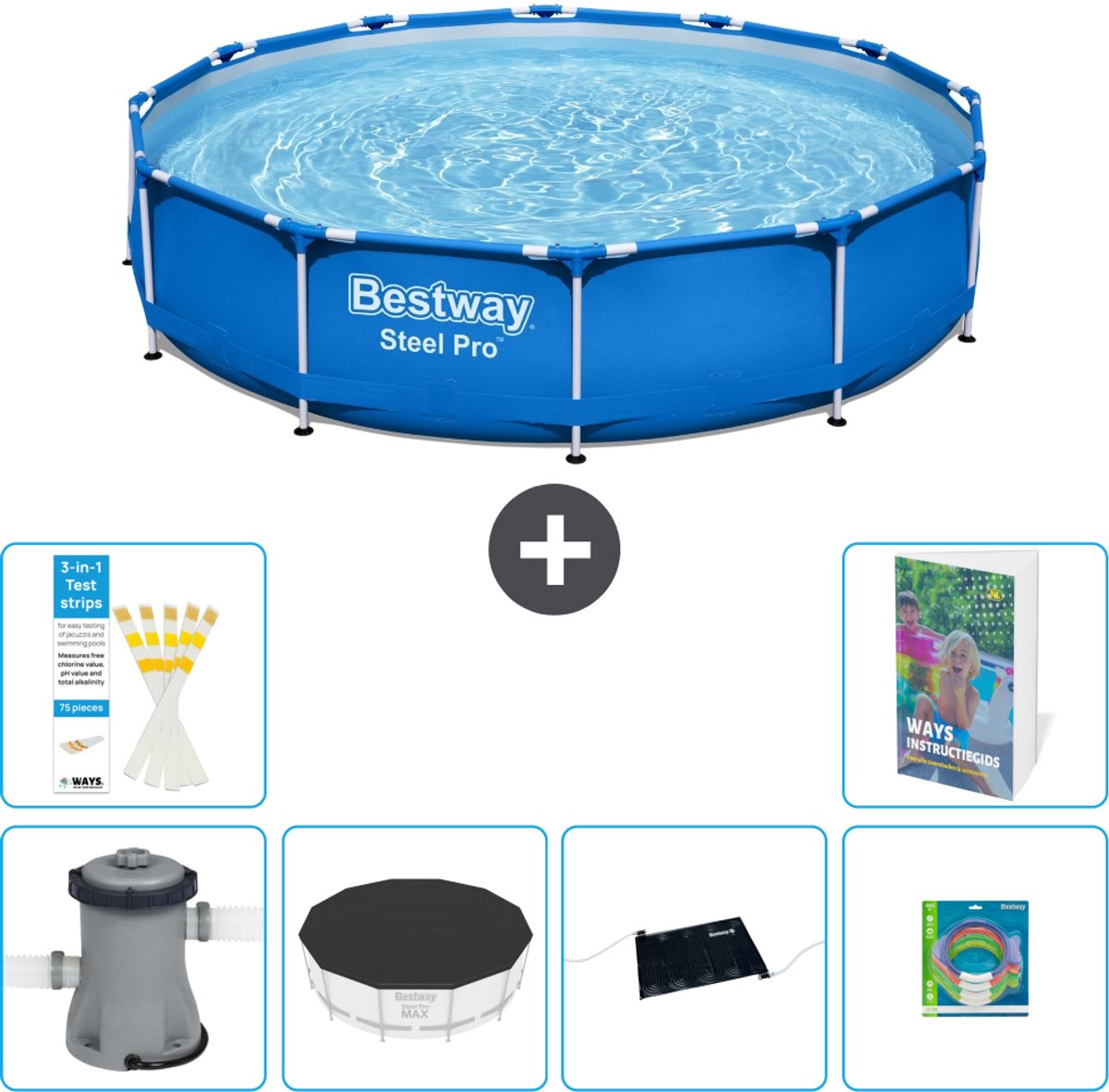 Bestway Rond Steel Pro Zwembad - 366 x 76 cm - Blauw - Inclusief Pomp - Afdekzeil - Solar Mat - Speelgoed - 7-delig