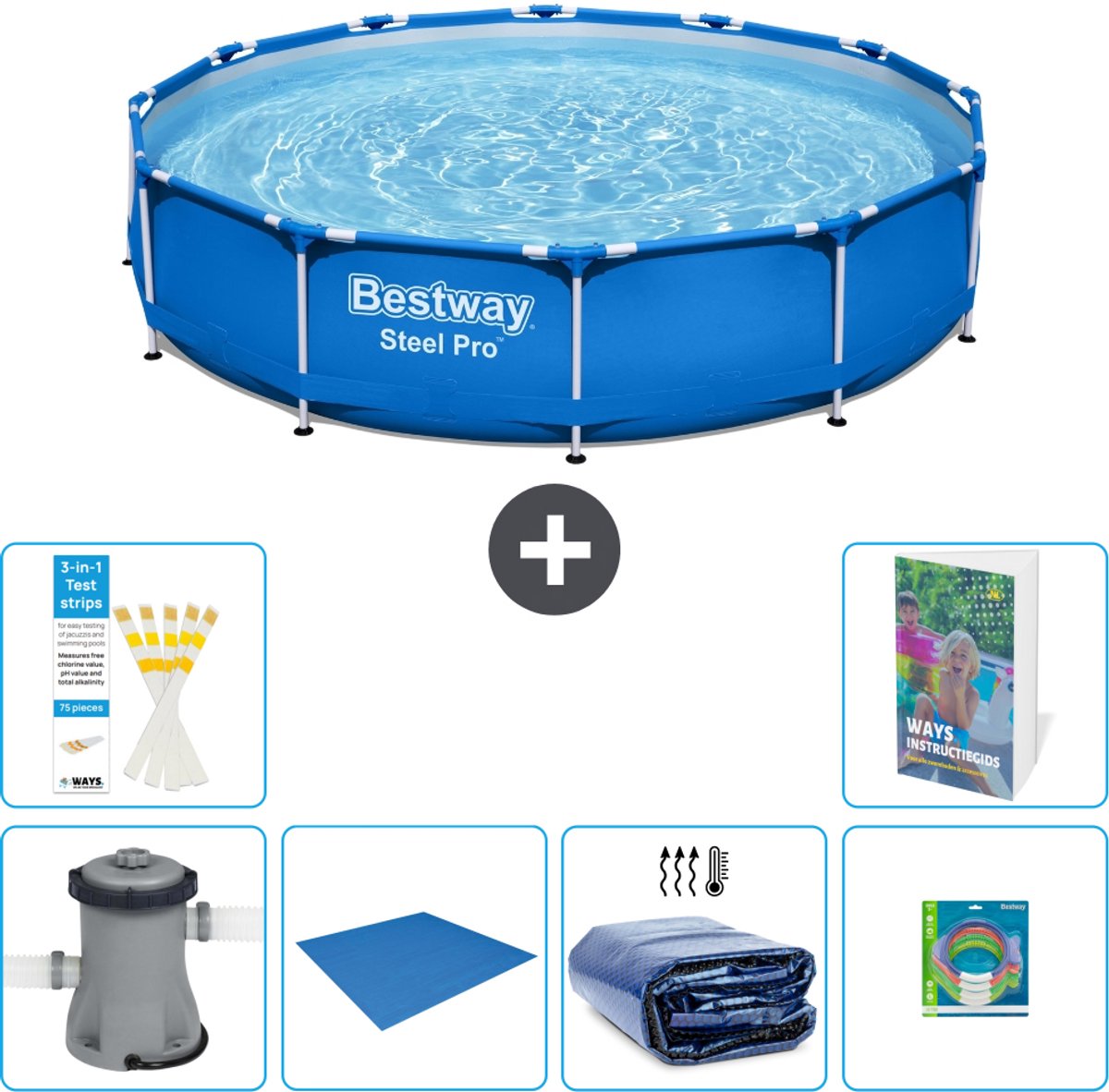 Bestway Rond Steel Pro Zwembad - 366 x 76 cm - Blauw - Inclusief Pomp - Grondzeil - Solarzeil - Speelgoed - 7-delig