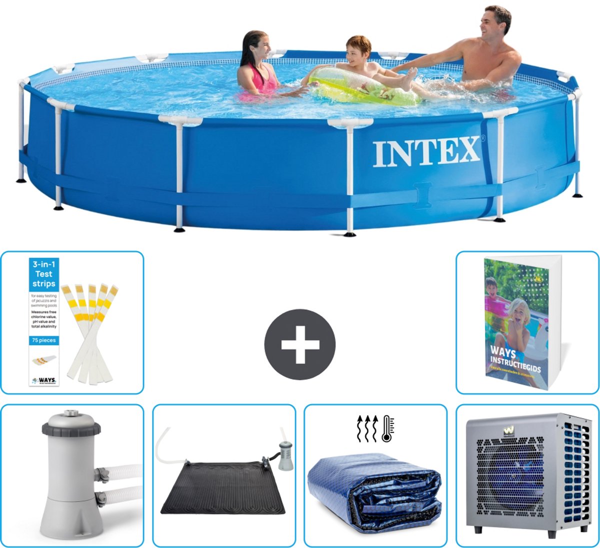 Intex Rond Frame Zwembad - 366 x 76 cm - Blauw - Inclusief Pomp - Solar Mat - Solarzeil - Warmtepomp - 7-delig