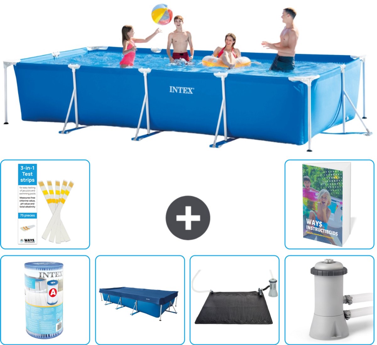 Intex Rechthoekig Frame Zwembad - 450 x 220 x 84 cm - Blauw - Inclusief Filter - Afdekzeil - Solar Mat - Zwembadfilterpomp - 7-delig