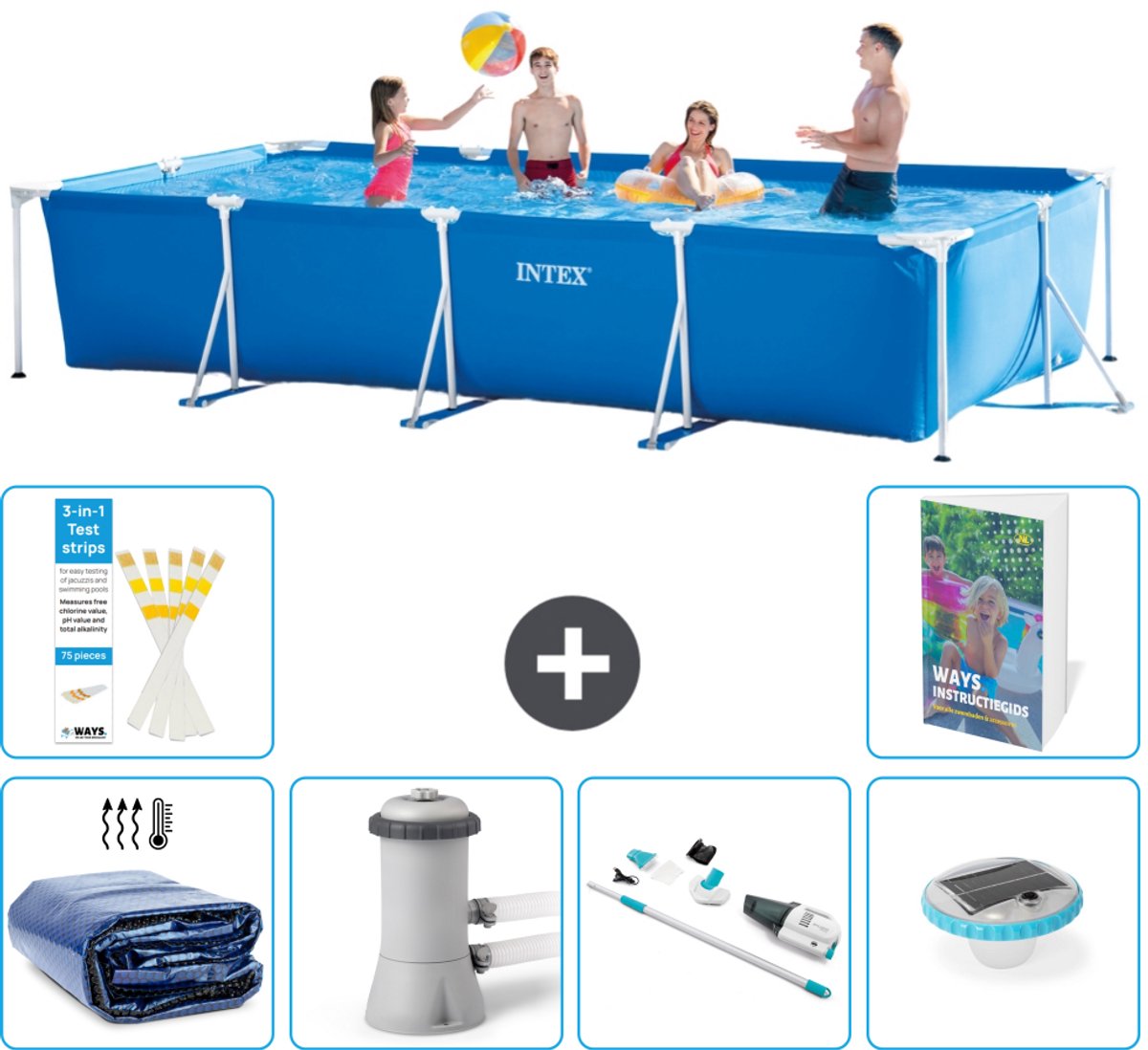 Intex Rechthoekig Frame Zwembad - 450 x 220 x 84 cm - Blauw - Inclusief Solarzeil - Zwembadfilterpomp - Stofzuiger - Verlichting - 7-delig