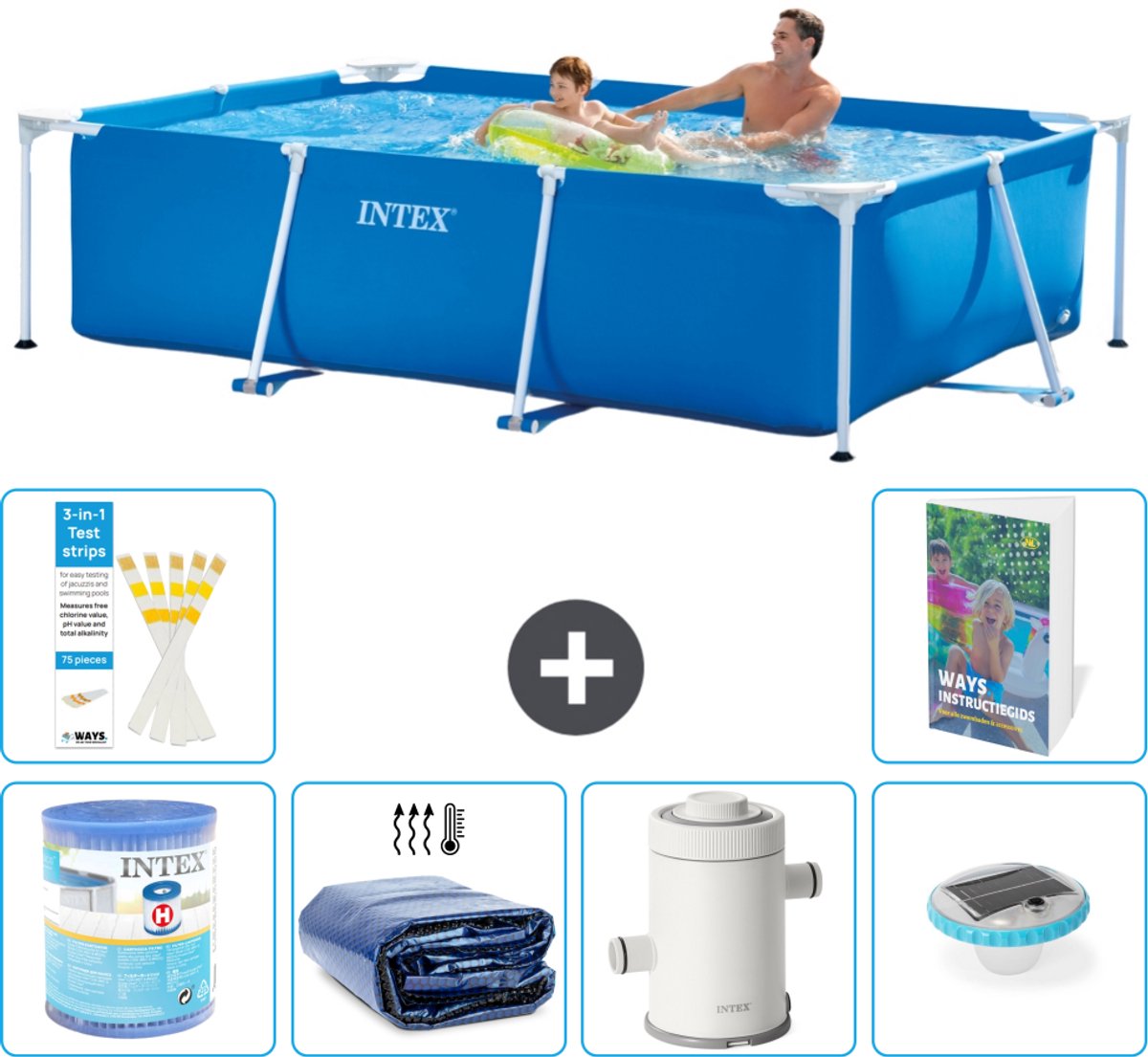 Intex Rechthoekig Frame Zwembad - 260 x 160 x 65 cm - Blauw - Inclusief Filter - Solarzeil - Zwembadfilterpomp - Verlichting - 7-delig