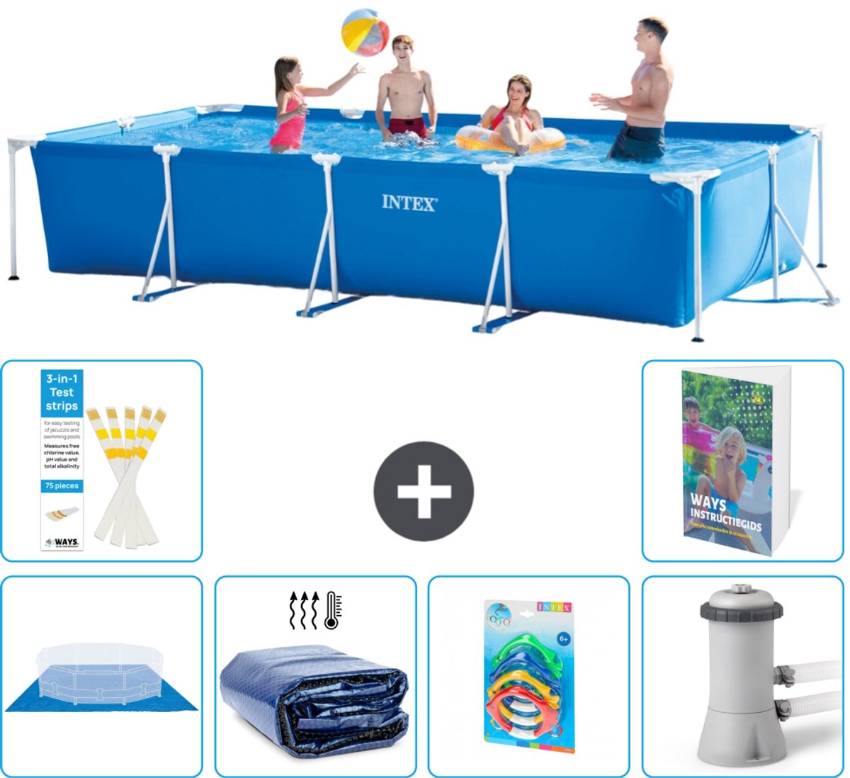 Intex Rechthoekig Frame Zwembad - 450 x 220 x 84 cm - Blauw - Inclusief Grondzeil - Solarzeil - Speelgoed - Zwembadfilterpomp - 7-delig