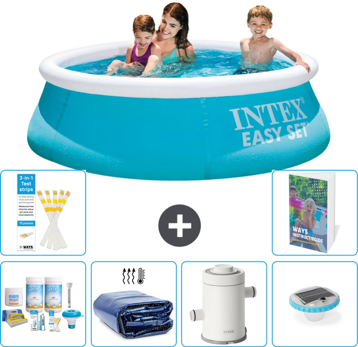 Intex Rond Opblaasbaar Easy Set Zwembad - 183 x 51 cm - Blauw - Inclusief Onderhoudspakket - Solarzeil - Zwembadfilterpomp - Verlichting - 7-delig