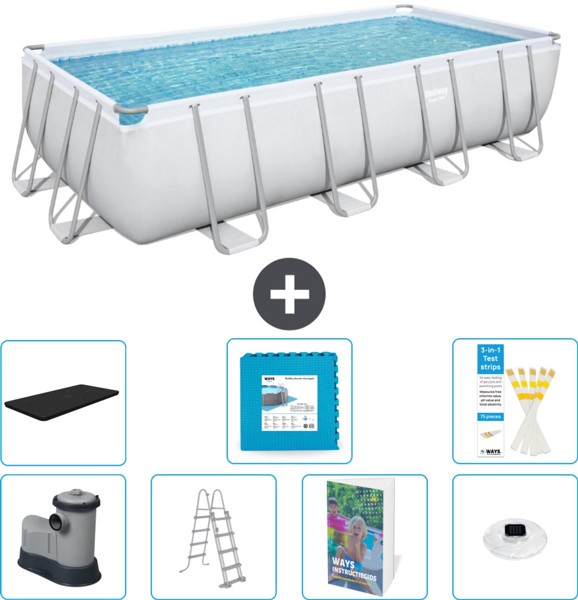 Bestway Rechthoekig Power Steel Zwembad - 549 x 274 x 122 - Grijs - Inclusief Pomp - Ladder - Afdekzeil - Vloertegels - Verlichting - 8-delig