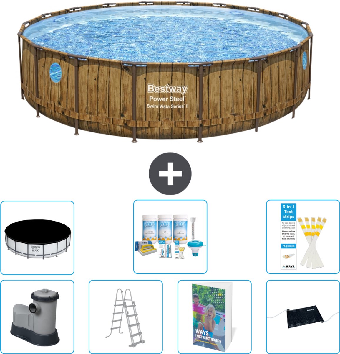 Bestway Rond Power Steel Swim Vista Zwembad - Houtprint - 549 x 122 - Inclusief Pomp - Ladder - Afdekzeil - Onderhoudspakket - Solar Mat - 8-delig