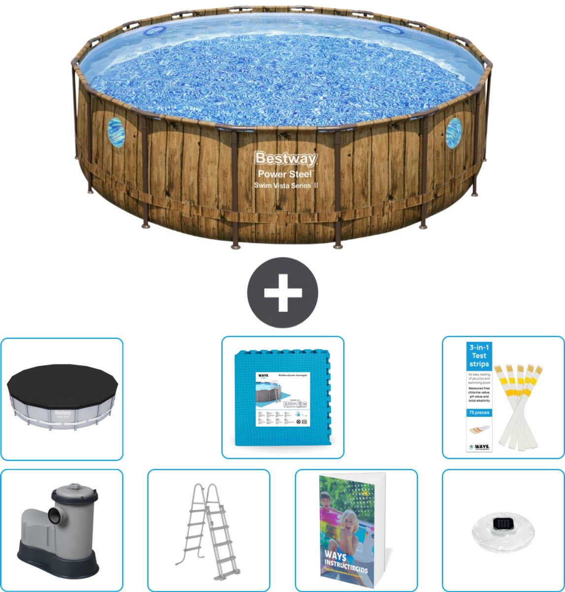 Bestway Rond Power Steel Swim Vista Zwembad - Houtprint - 488 x 122 - Inclusief Pomp - Ladder - Afdekzeil - Vloertegels - Verlichting - 8-delig