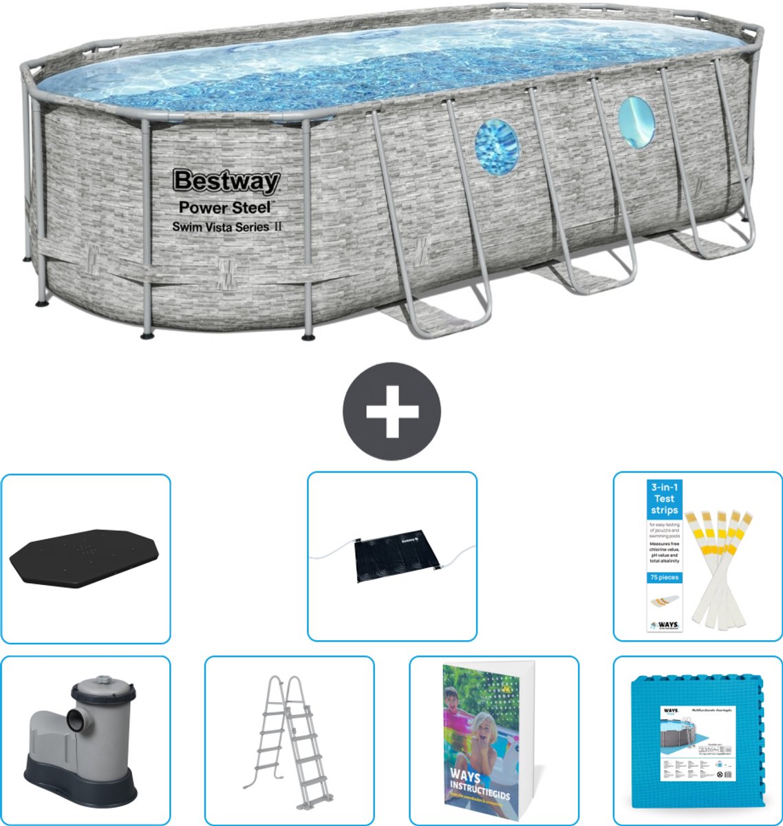 Bestway Ovaal Power Steel Swim Vista Zwembad - Steenprint - 549 x 274 x 122 - Inclusief Pomp - Ladder - Afdekzeil - Solar Mat - Vloertegels - 8-delig