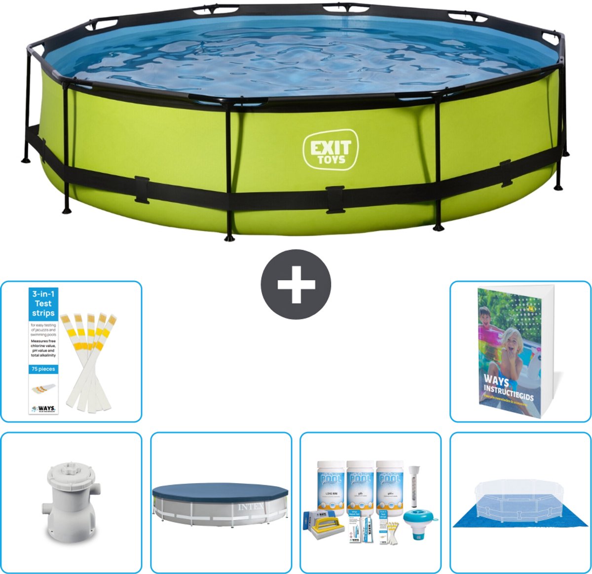 EXIT Rond Lime Frame Zwembad - 360 x 76 cm - Inclusief Pomp - Afdekzeil - Onderhoudspakket - Grondzeil - 7-delig