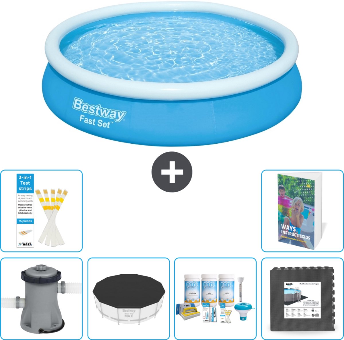 Bestway Rond Opblaasbaar Fast Set Zwembad - 366 x 76 cm - Blauw - Inclusief Pomp - Afdekzeil - Onderhoudspakket - Vloertegels - 7-delig