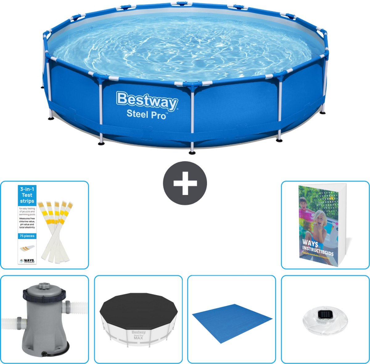 Bestway Rond Steel Pro Zwembad - 366 x 76 cm - Blauw - Inclusief Pomp - Afdekzeil - Grondzeil - Verlichting - 7-delig