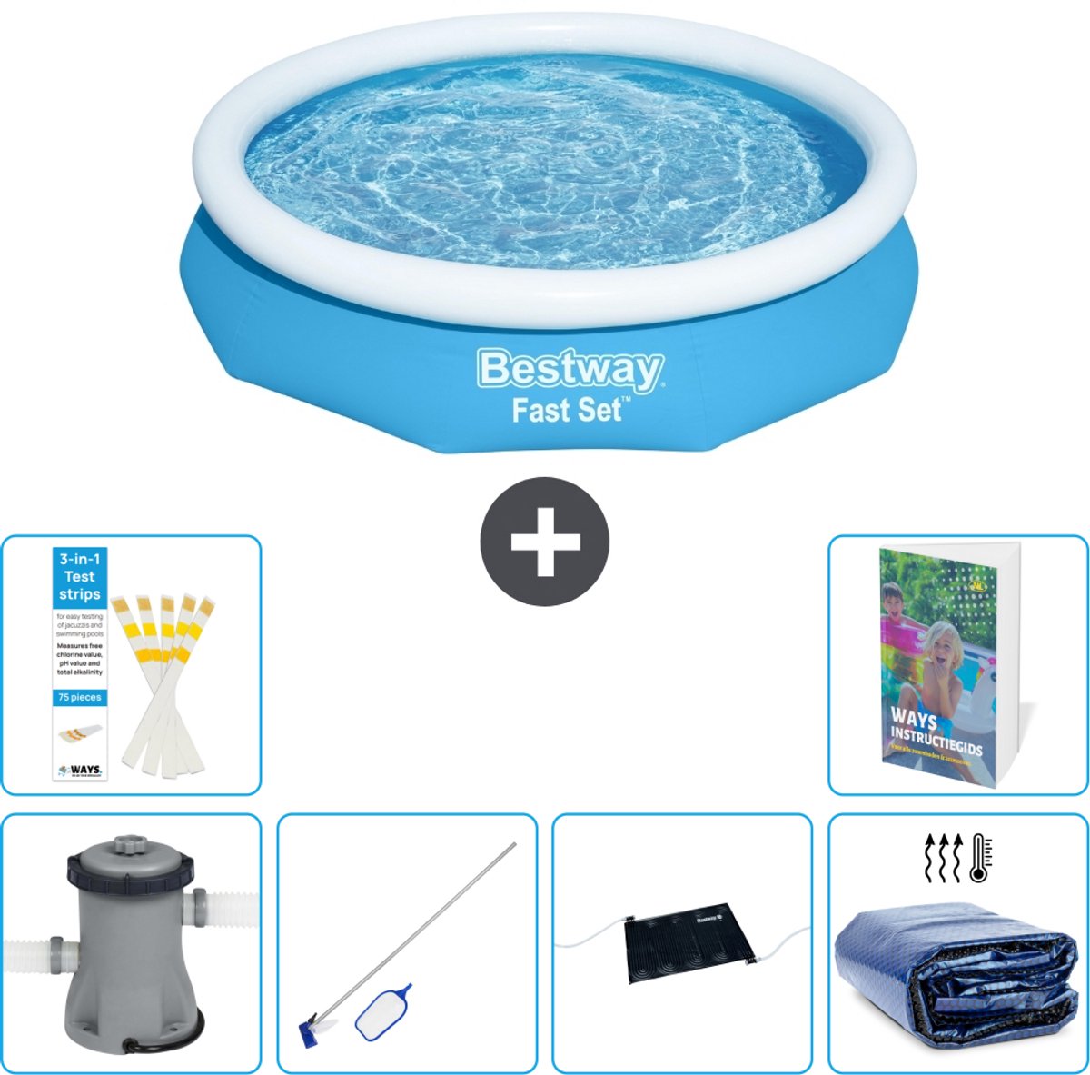 Bestway Rond Opblaasbaar Fast Set Zwembad - 305 x 66 cm - Blauw - Inclusief Pomp - Schoonmaakset - Solar Mat - Solarzeil - 7-delig
