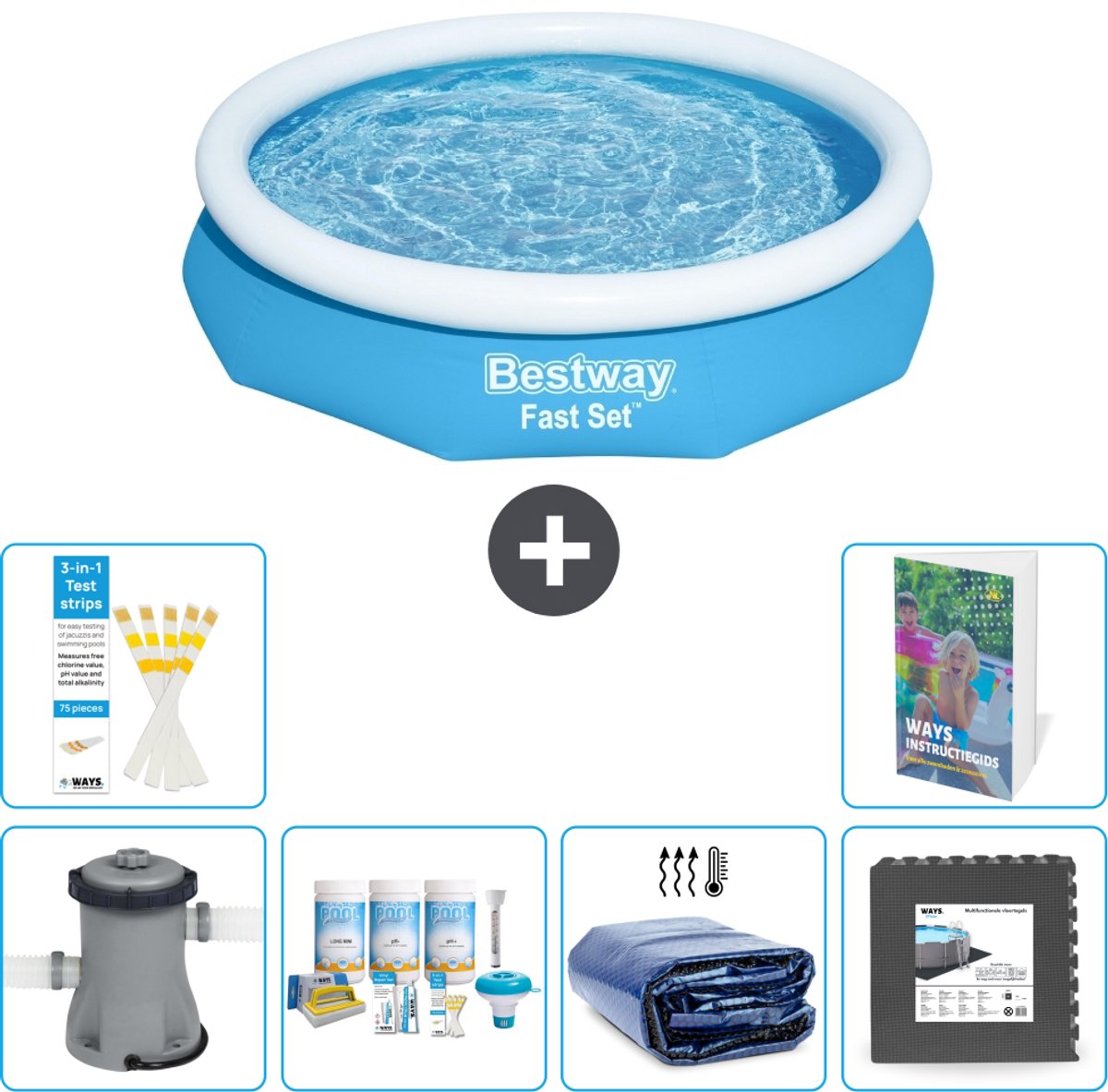 Bestway Rond Opblaasbaar Fast Set Zwembad - 305 x 66 cm - Blauw - Inclusief Pomp - Onderhoudspakket - Solarzeil - Vloertegels - 7-delig