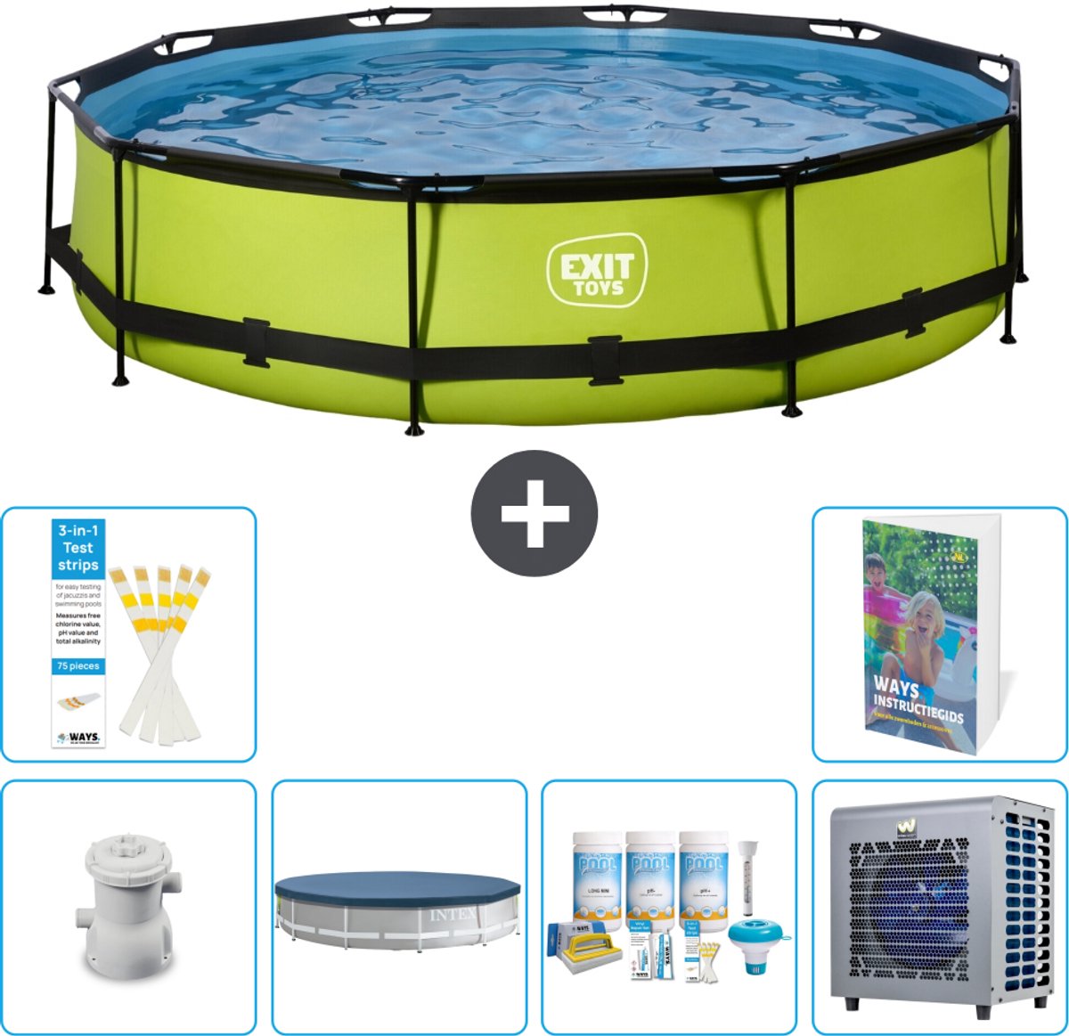 EXIT Rond Lime Frame Zwembad - 360 x 76 cm - Inclusief Pomp - Afdekzeil - Onderhoudspakket - Warmtepomp - 7-delig