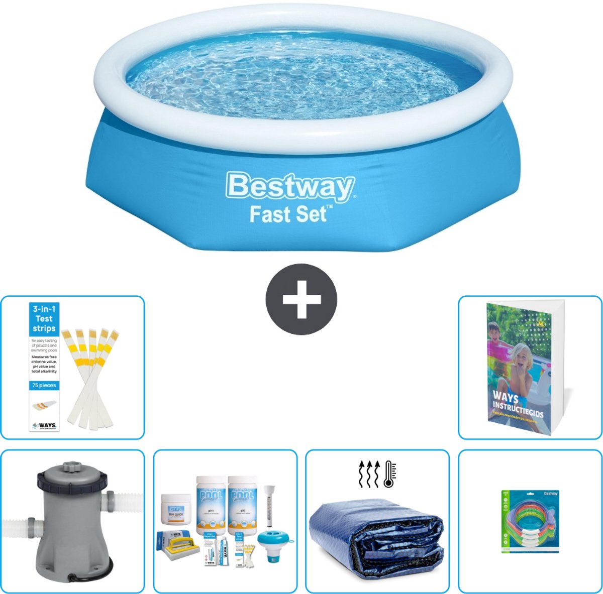 Bestway Rond Opblaasbaar Fast Set Zwembad - 244 x 61 cm - Blauw - Inclusief Pomp - Onderhoudspakket - Solarzeil - Speelgoed - 7-delig