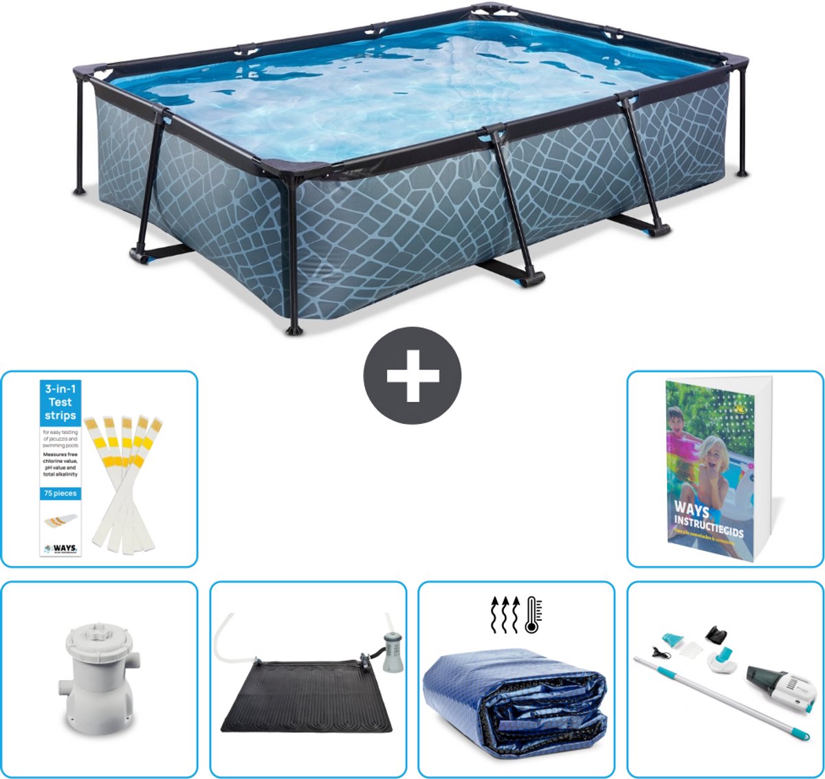 EXIT Rechthoekig Stone Frame Zwembad - 300 x 200 x 65 cm - Inclusief Pomp - Solar Mat - Solarzeil - Stofzuiger - 7-delig