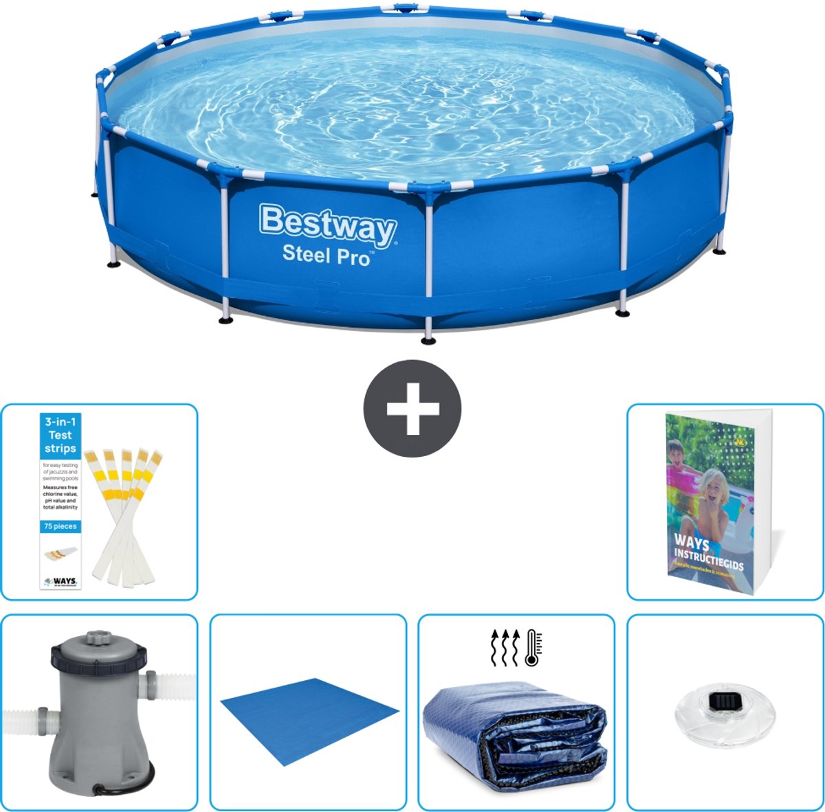 Bestway Rond Steel Pro Zwembad - 366 x 76 cm - Blauw - Inclusief Pomp - Grondzeil - Solarzeil - Verlichting - 7-delig