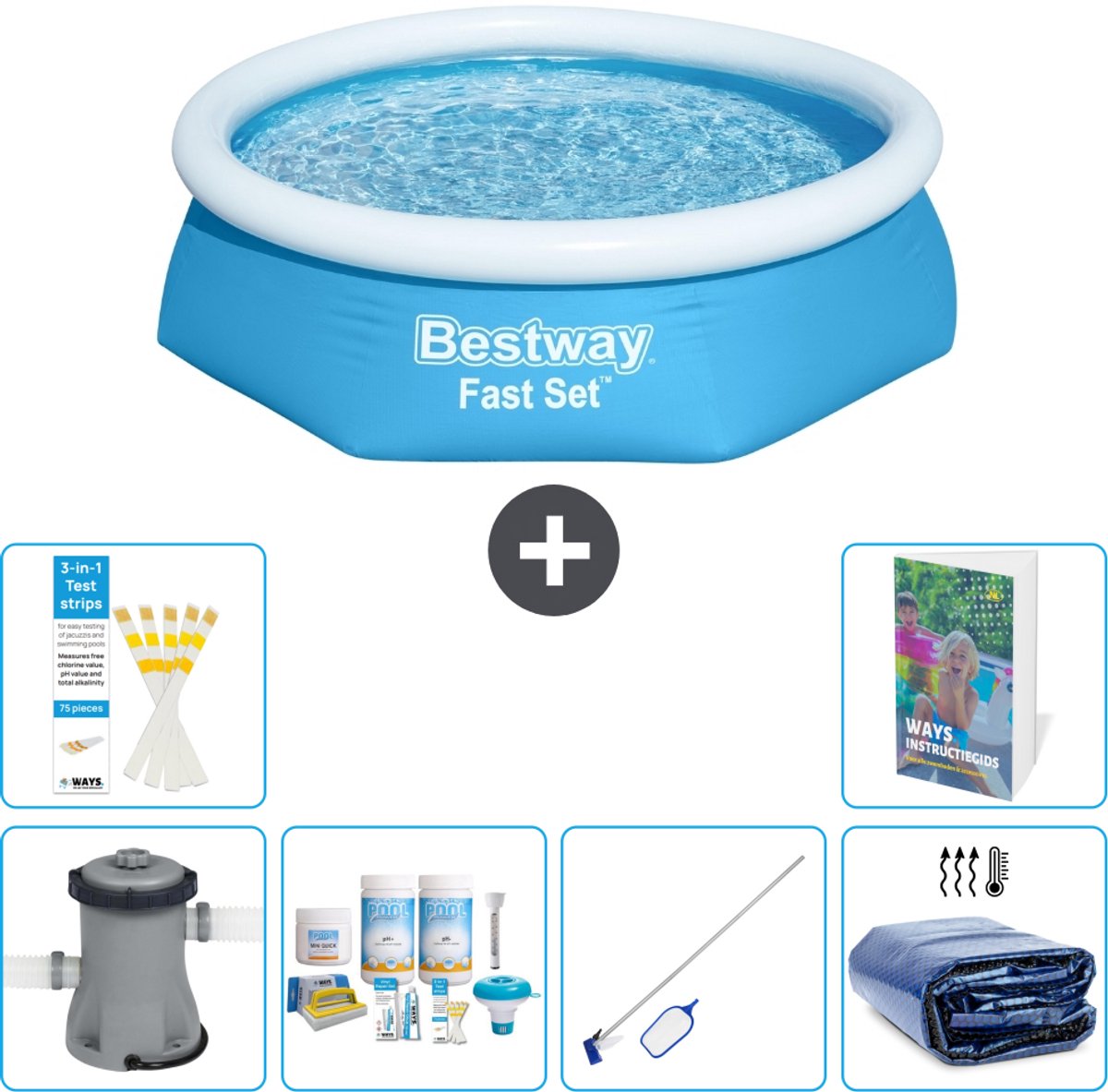 Bestway Rond Opblaasbaar Fast Set Zwembad - 244 x 61 cm - Blauw - Inclusief Pomp - Onderhoudspakket - Schoonmaakset - Solarzeil - 7-delig