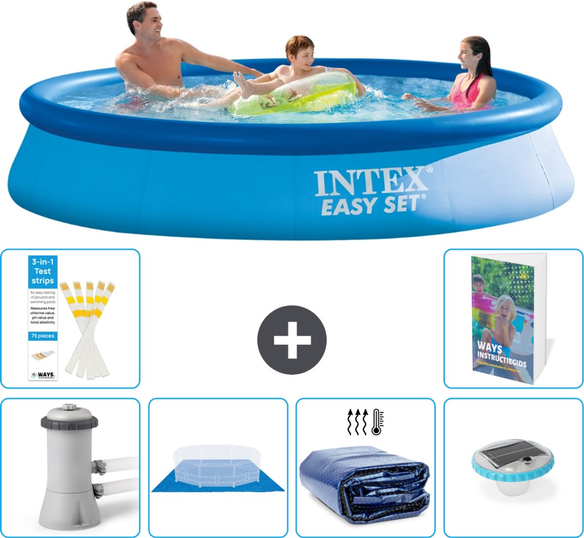 Intex Rond Opblaasbaar Easy Set Zwembad - 366 x 76 cm - Blauw - Inclusief Pomp - Grondzeil - Solarzeil - Verlichting - 7-delig