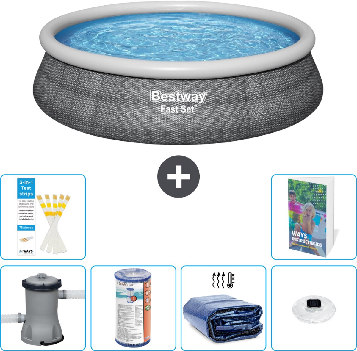 Bestway Rond Opblaasbaar Fast Set Zwembad - Rotanprint - 457 x 84 cm - Inclusief Pomp - Filter - Solarzeil - Verlichting - 7-delig