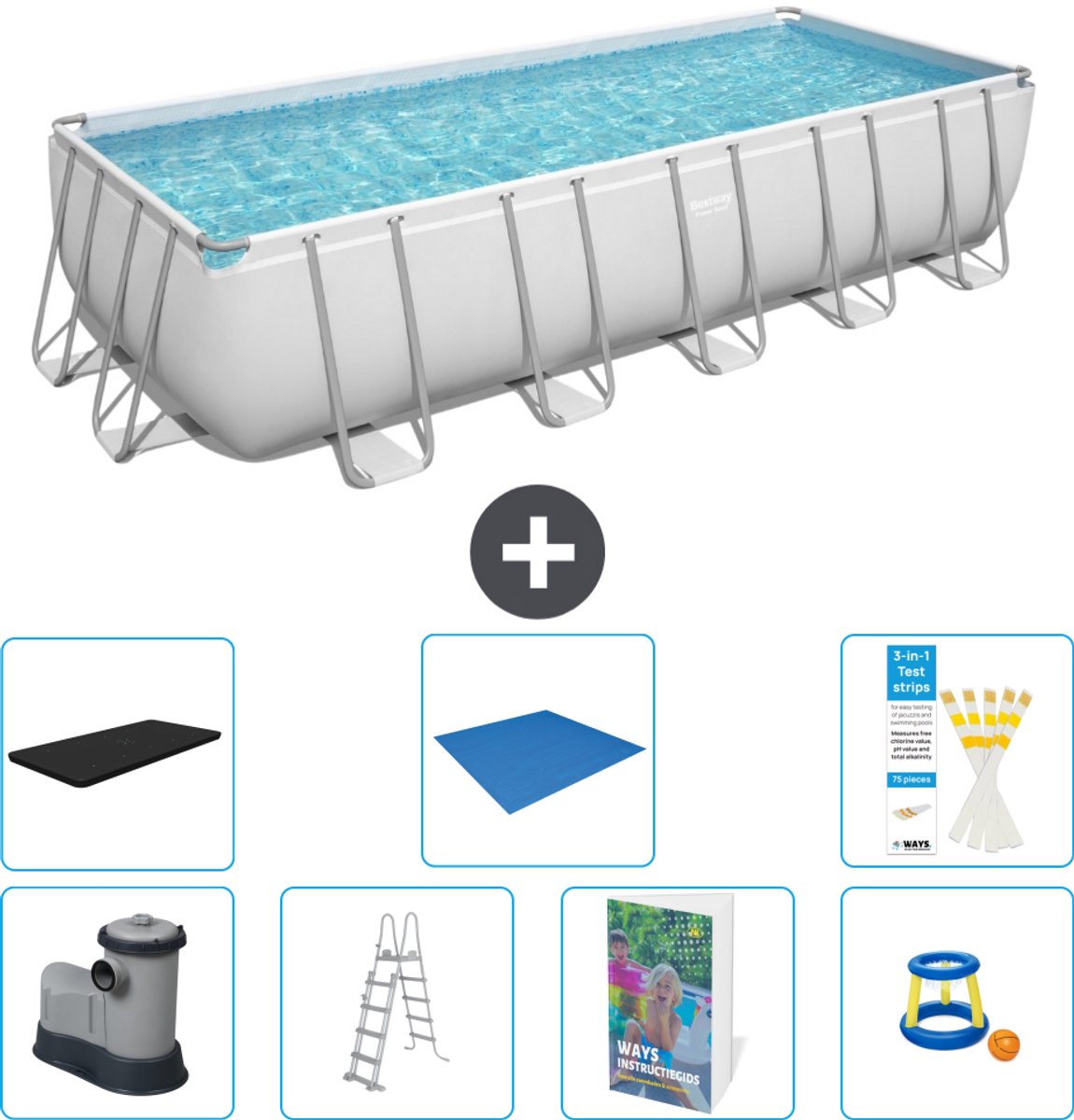 Bestway Rechthoekig Power Steel Zwembad - 640 x 274 x 132 - Grijs - Inclusief Pomp - Ladder - Afdekzeil - Grondzeil - Speelgoed - 8-delig