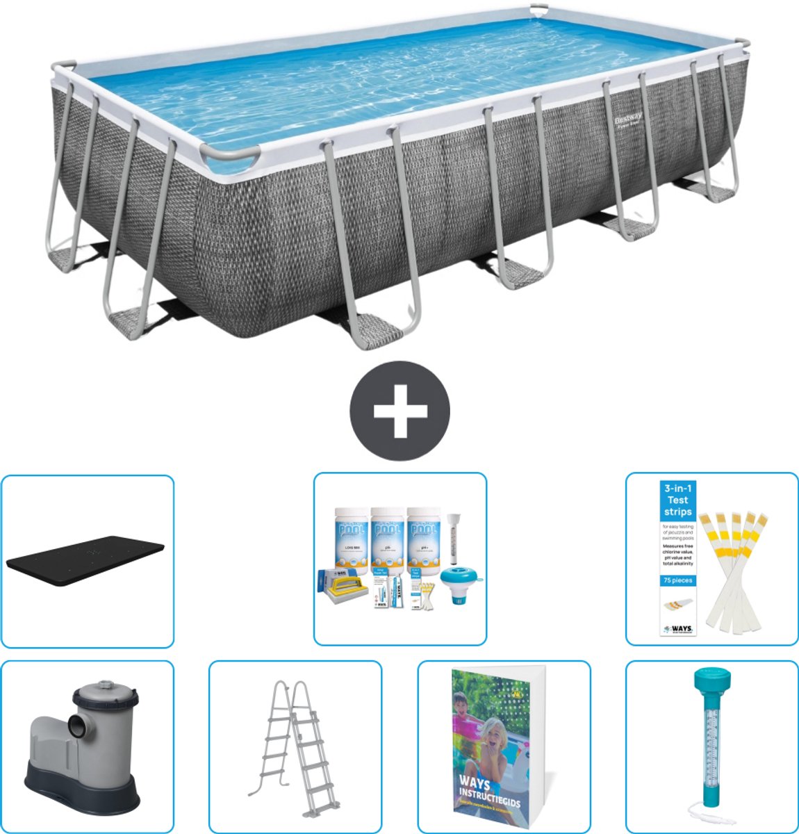 Bestway Rechthoekig Power Steel Zwembad - Rattanprint - 549 x 274 x 122 - Inclusief Pomp - Ladder - Afdekzeil - Onderhoudspakket - Thermometer - 8-delig