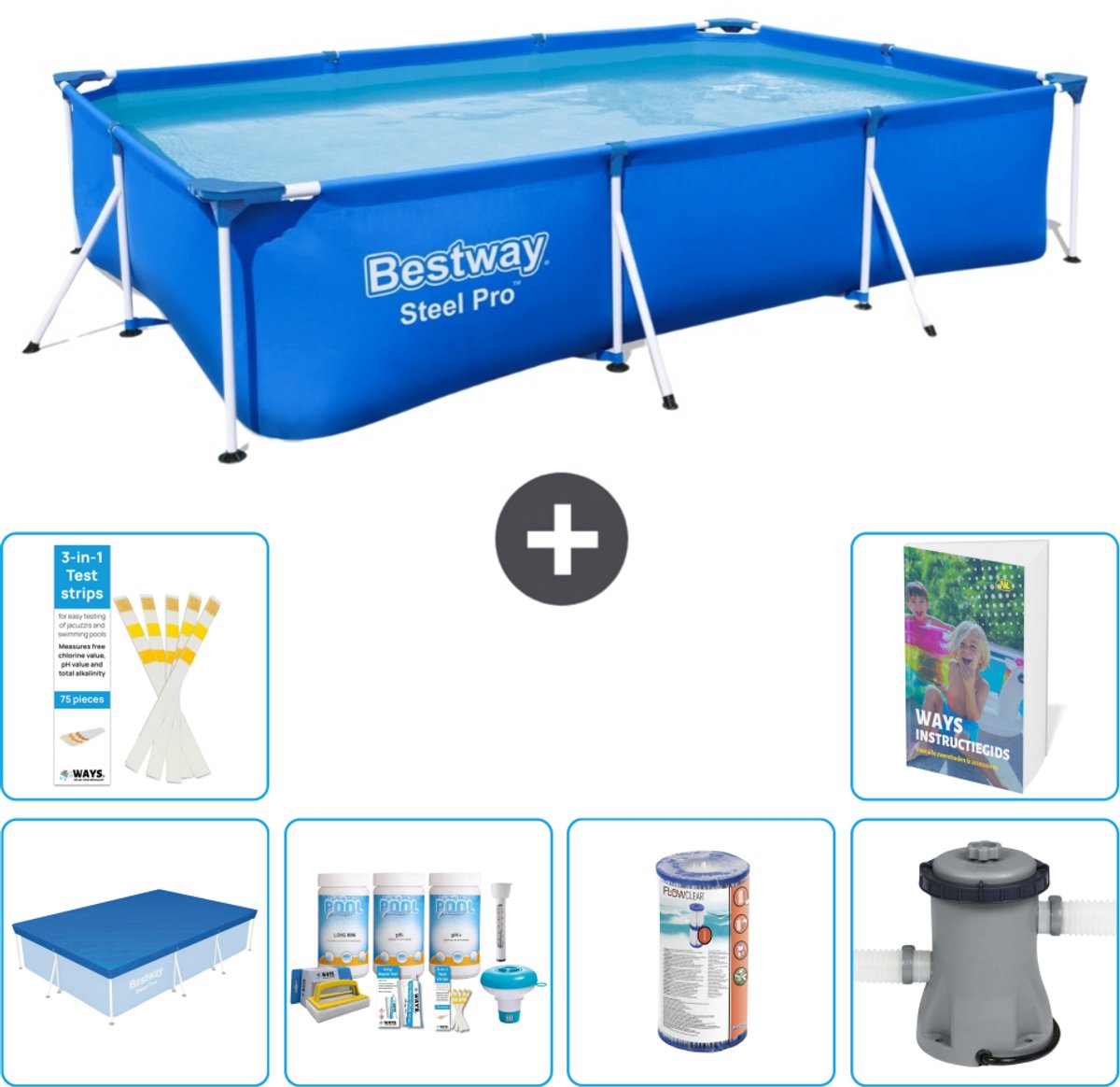 Bestway Rechthoekig Steel Pro Zwembad - 300 x 201 x 66 cm - Blauw - Inclusief Afdekzeil - Onderhoudspakket - Filter - Zwembadfilterpomp - 7-delig