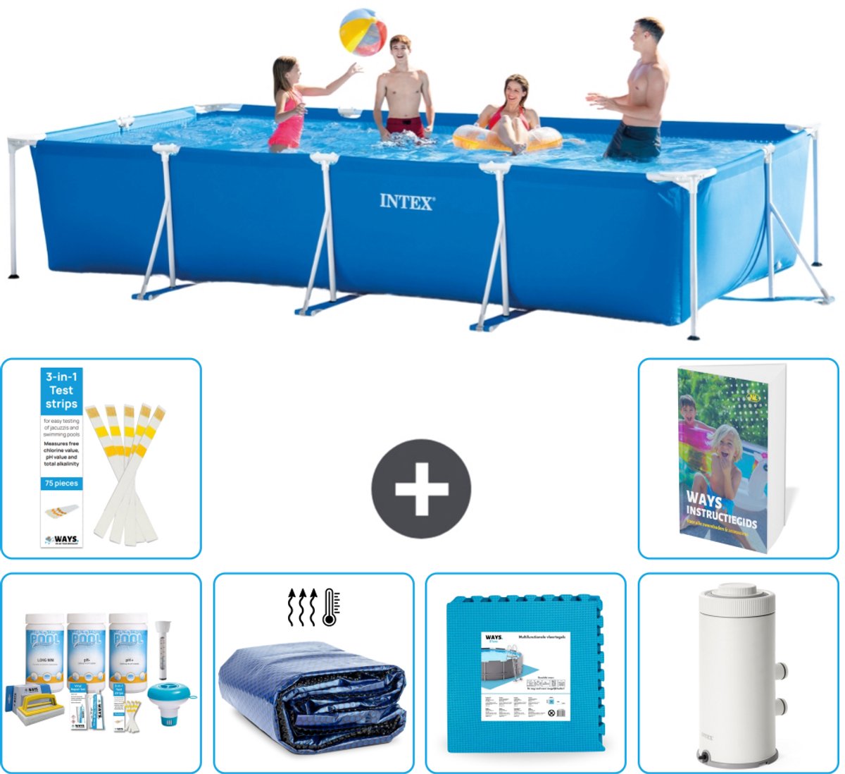 Intex Rechthoekig Frame Zwembad - 450 x 220 x 84 cm - Blauw - Inclusief Onderhoudspakket - Solarzeil - Vloertegels - Zwembadfilterpomp - 7-delig