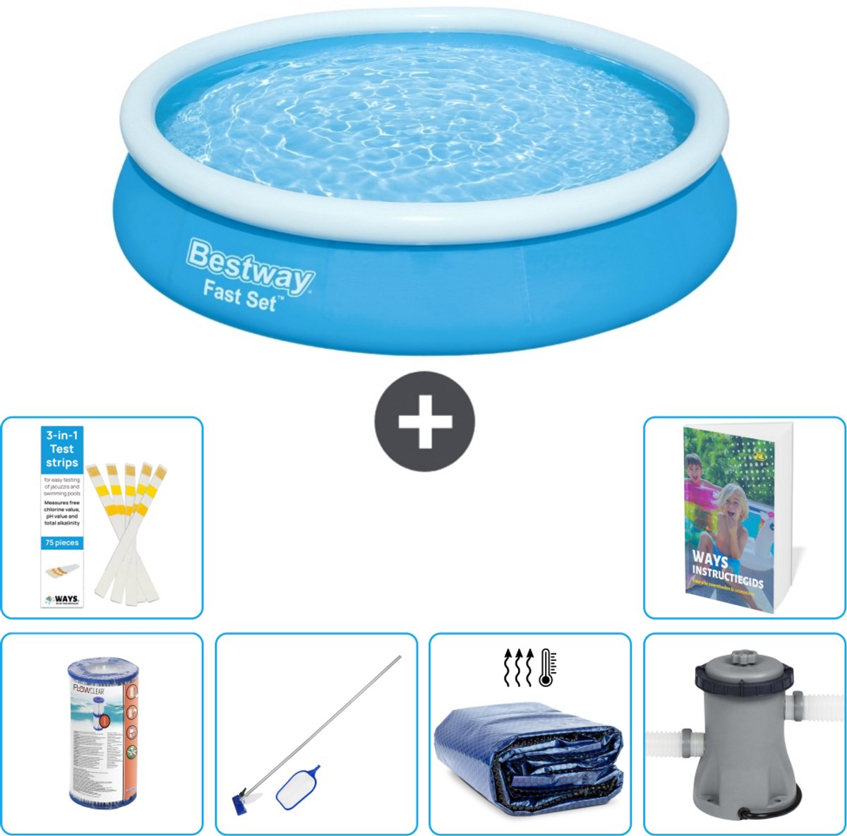 Bestway Rond Opblaasbaar Fast Set Zwembad - 366 x 76 cm - Blauw - Inclusief Filter - Schoonmaakset - Solarzeil - Zwembadfilterpomp - 7-delig