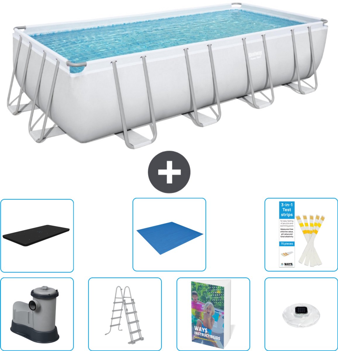 Bestway Rechthoekig Power Steel Zwembad - 549 x 274 x 122 - Grijs - Inclusief Pomp - Ladder - Afdekzeil - Grondzeil - Verlichting - 8-delig