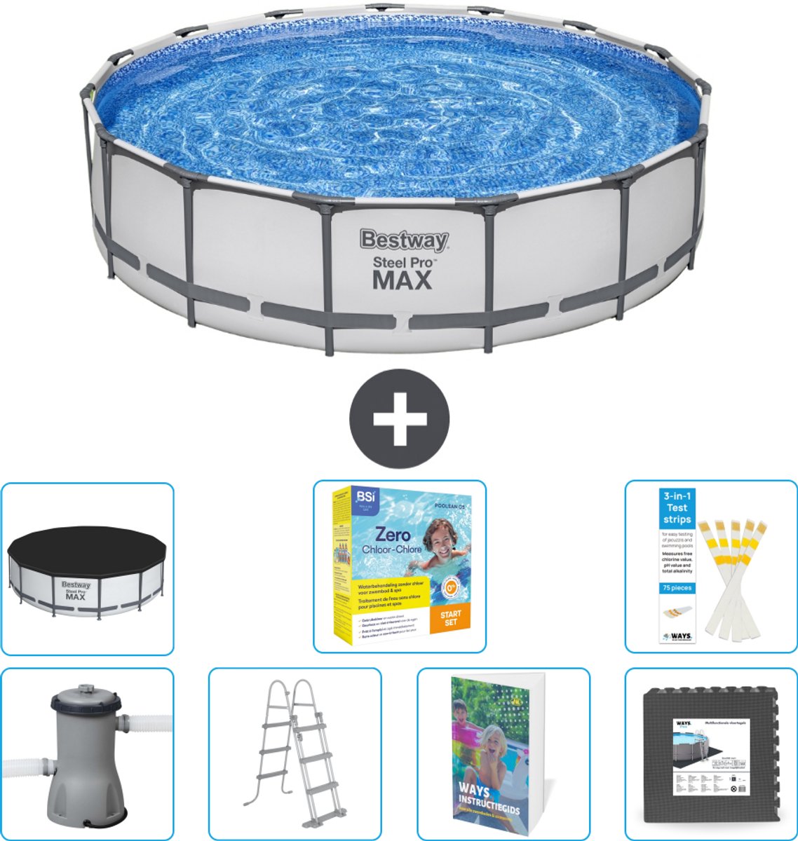 Bestway Rond Steel Pro MAX Zwembad - 457 x 107 cm - Grijs - Inclusief Pomp - Ladder - Afdekzeil - Onderhoudspakket - Vloertegels - 8-delig